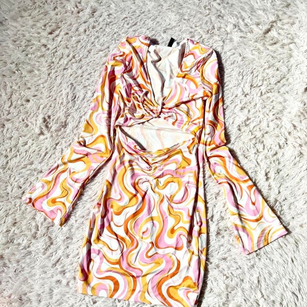 Disco Psychedelic Cutout Ruched Bodycon Rave Groovy Bodycon Dress Womens XS